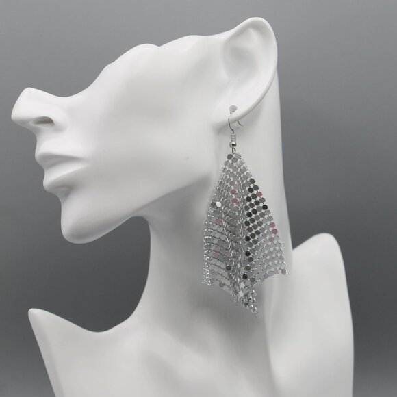 Jewelry earrings mesh statement party occasional drop dangle large silver tone - Picture 5 of 11